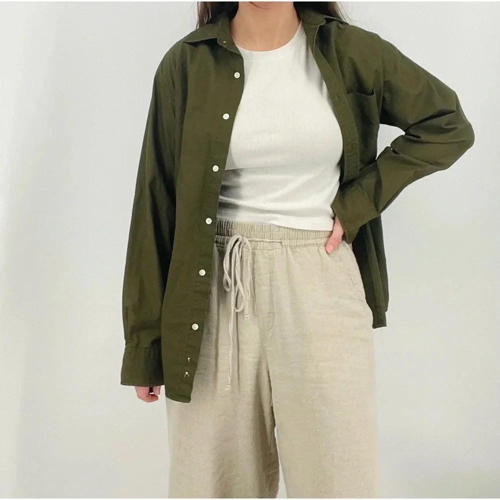 j. crew lush olive green oversized 100% cotton button down shirt size xs - Picture 2 of 7